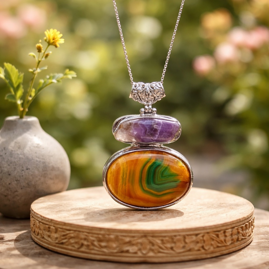 Banded Agate Amethyst Necklace 68$